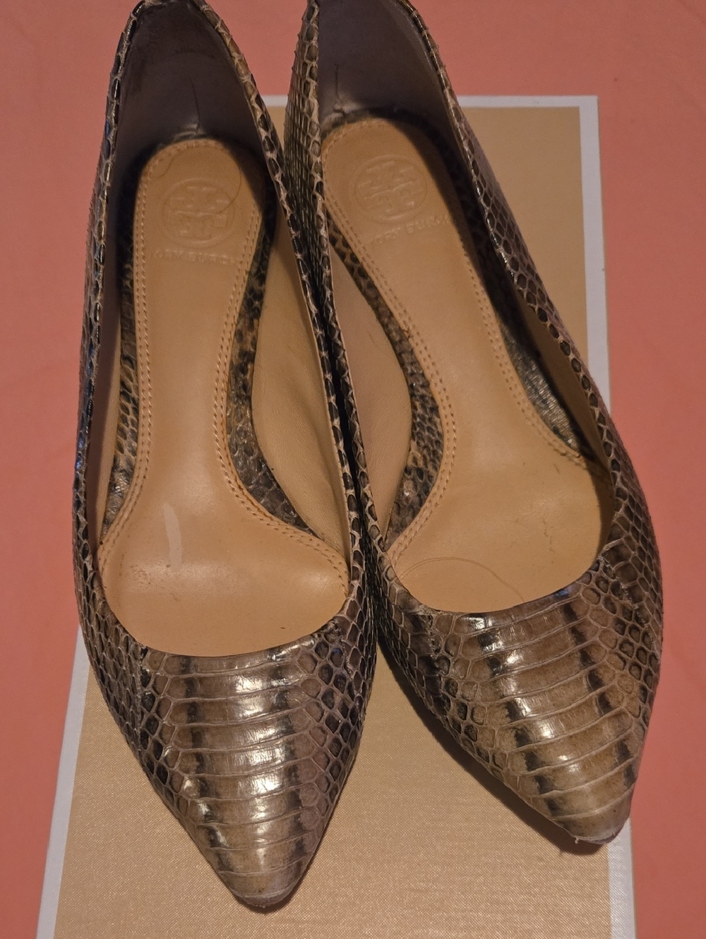 Tory Burch Taupe Snake-Print Pointed Toe Flats